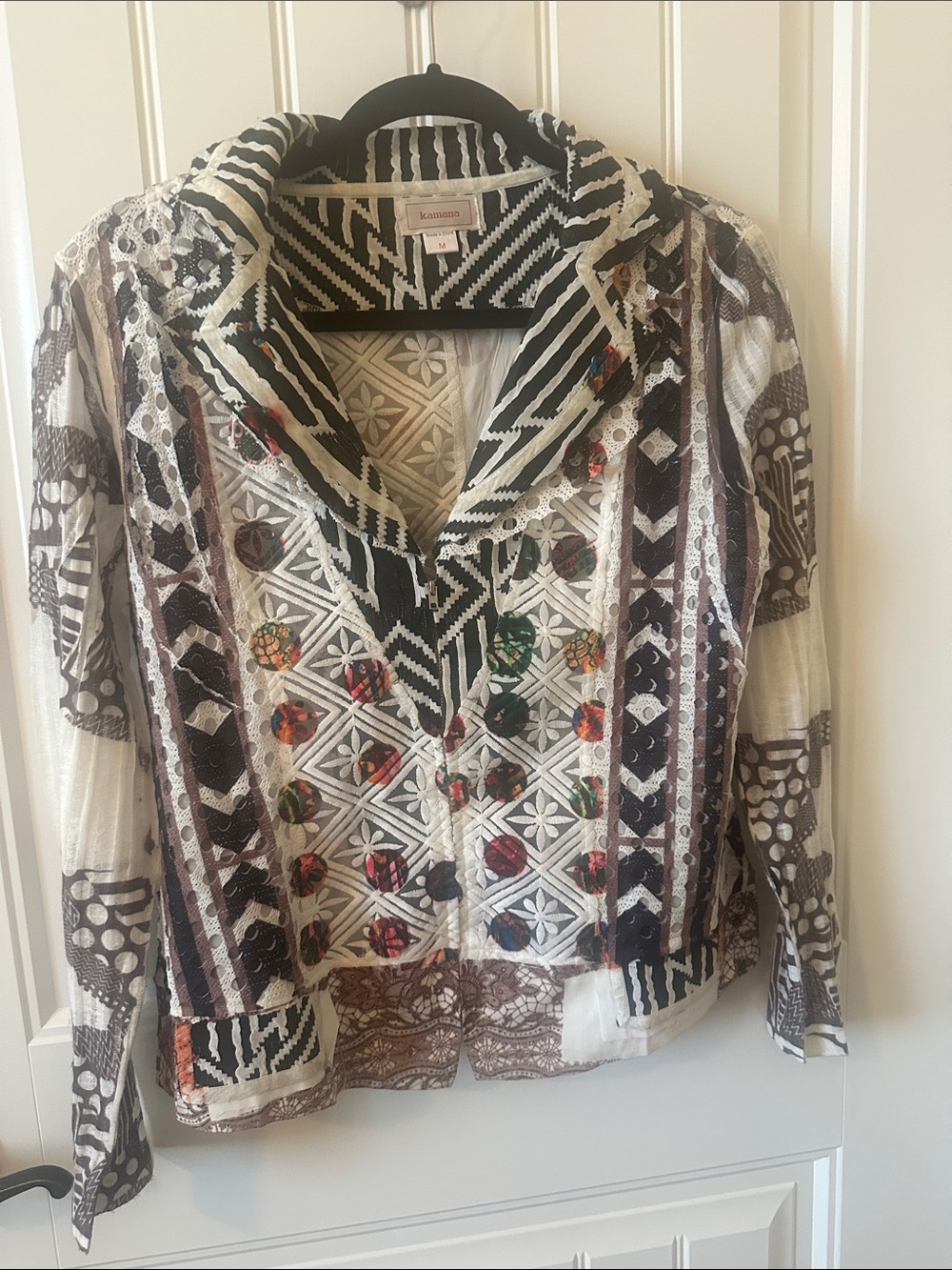 Kamana  White Printed Embroidered Button-Front Shirt with Multicolor Accents